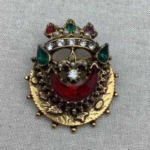 Vintage Crown Gold and Red Brooch with seed Pearls Fleur de lis #33SB